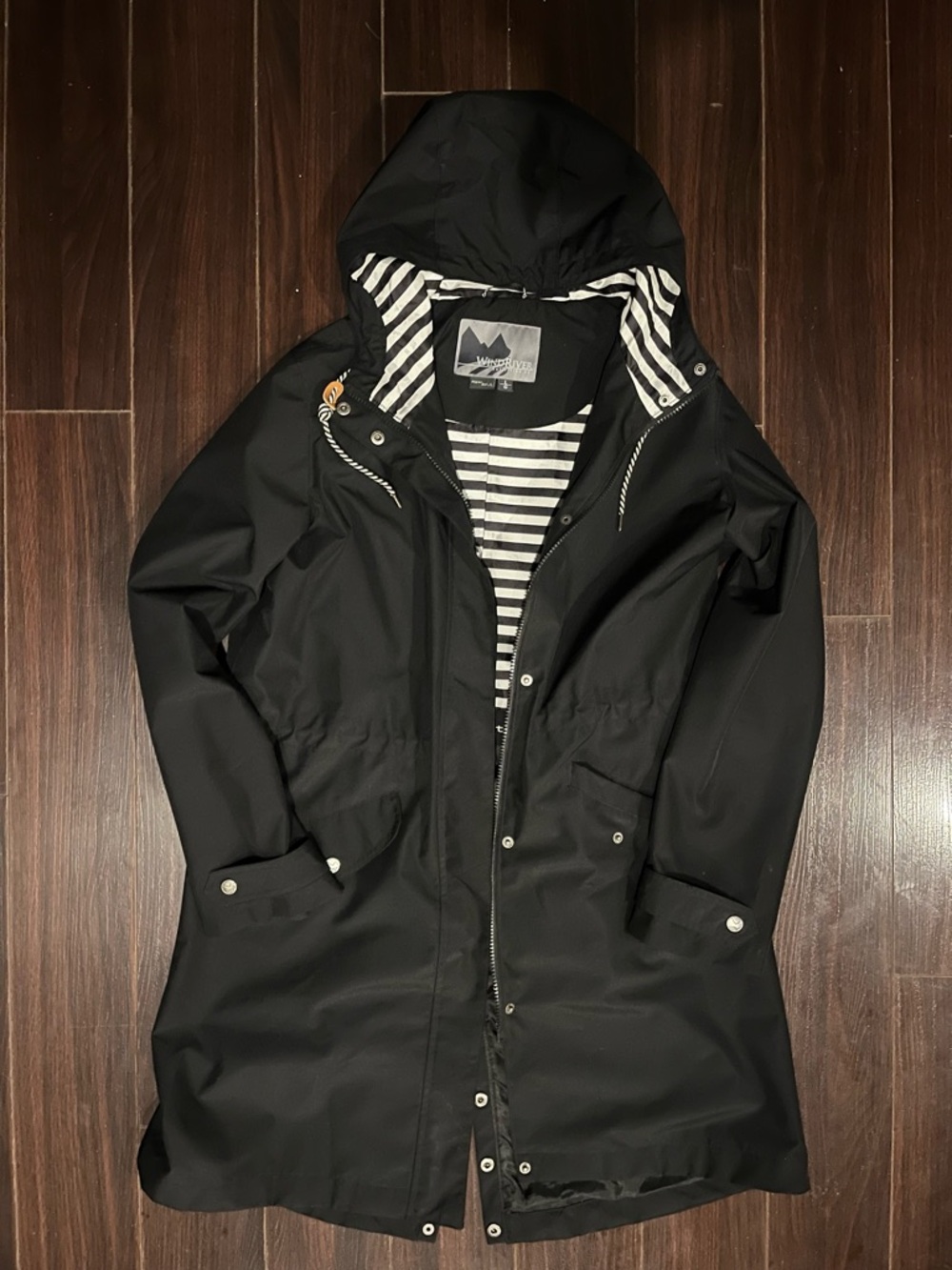 Wind River Black Hooded Raincoat with Striped Lining